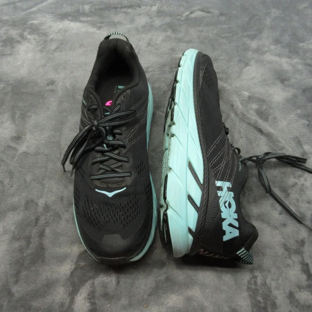 Hoka Clifton 6  Shoes Women 9.5 Black Aqua Low Sneaker‎ Lightweight Chunky Run